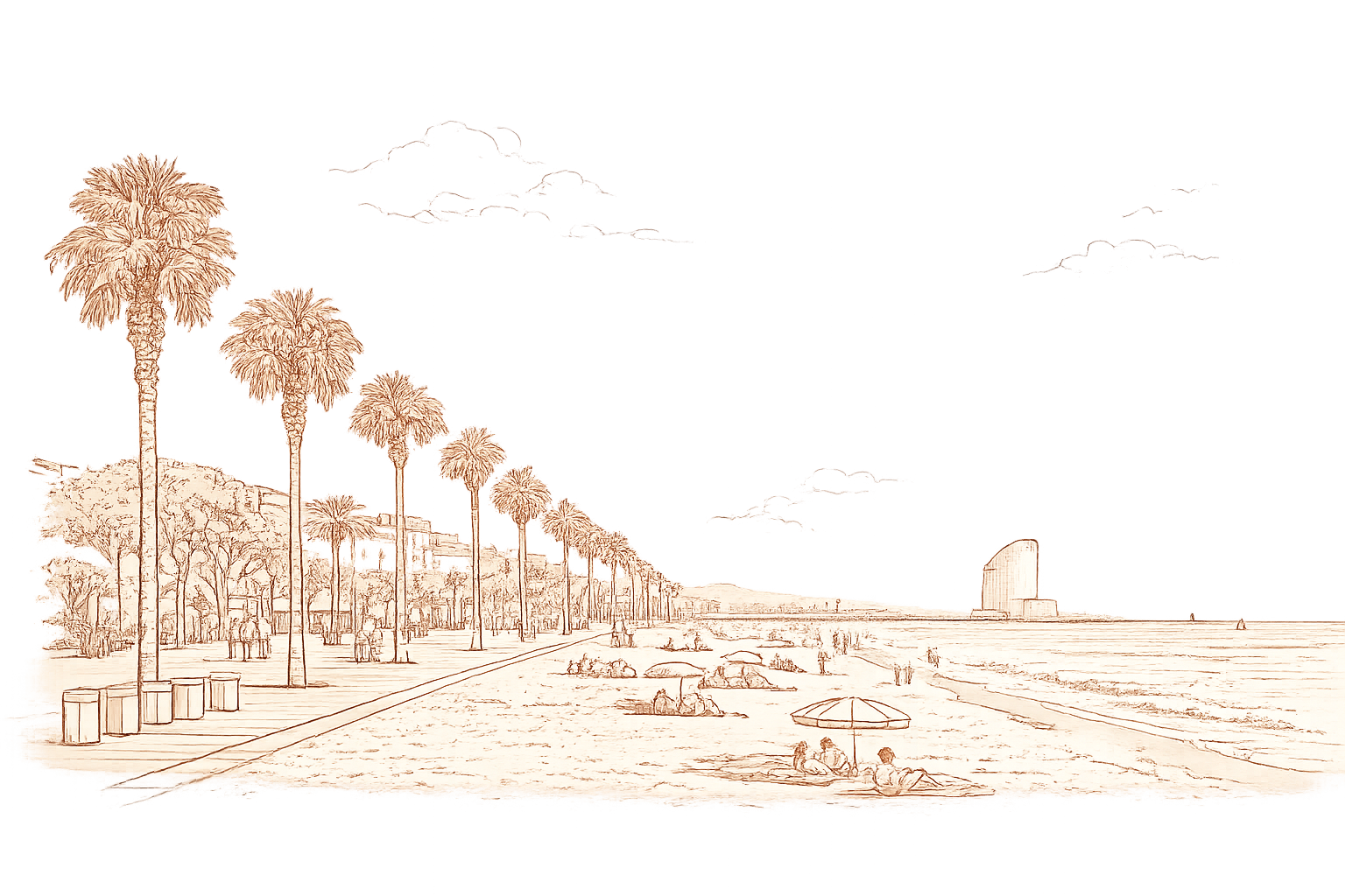 Terracotta line drawing of Poblenou beach and waterfront