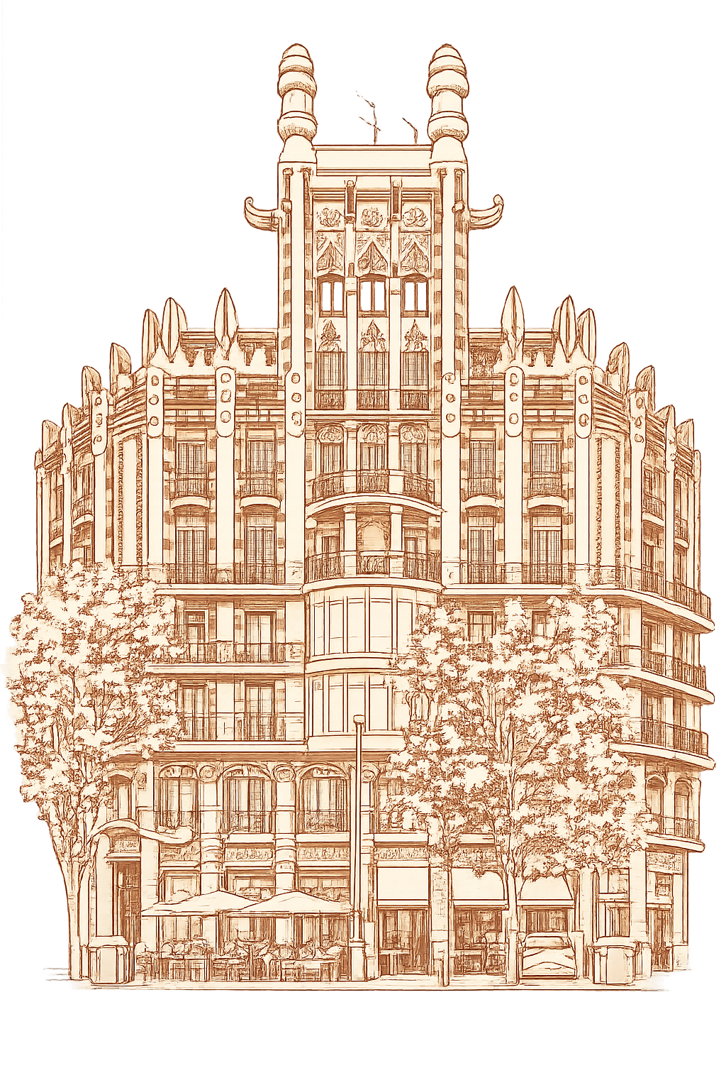Terracotta line drawing of an Eixample Esquerra landmark