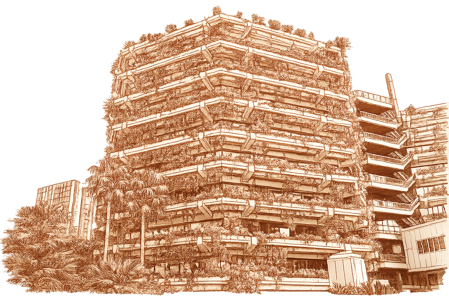 Terracotta line drawing of the Natura building on Diagonal, Sarrià / Sant Gervasi
